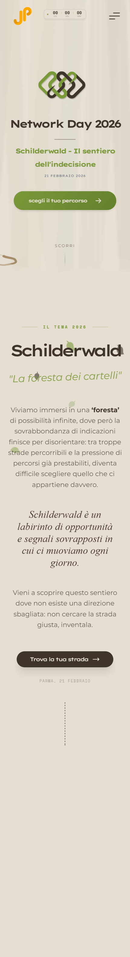 Il sito del Network Day 2026 di JEParma: la schermata di apertura con il countdown e la sezione che presenta il tema Schilderwald